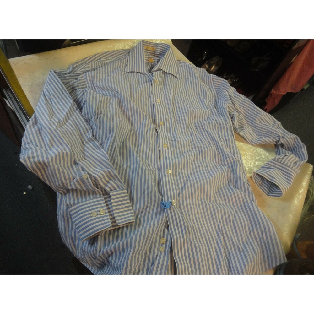 Michael Kors mens button front long sleeve blue white stripe XL 34/35 shirt